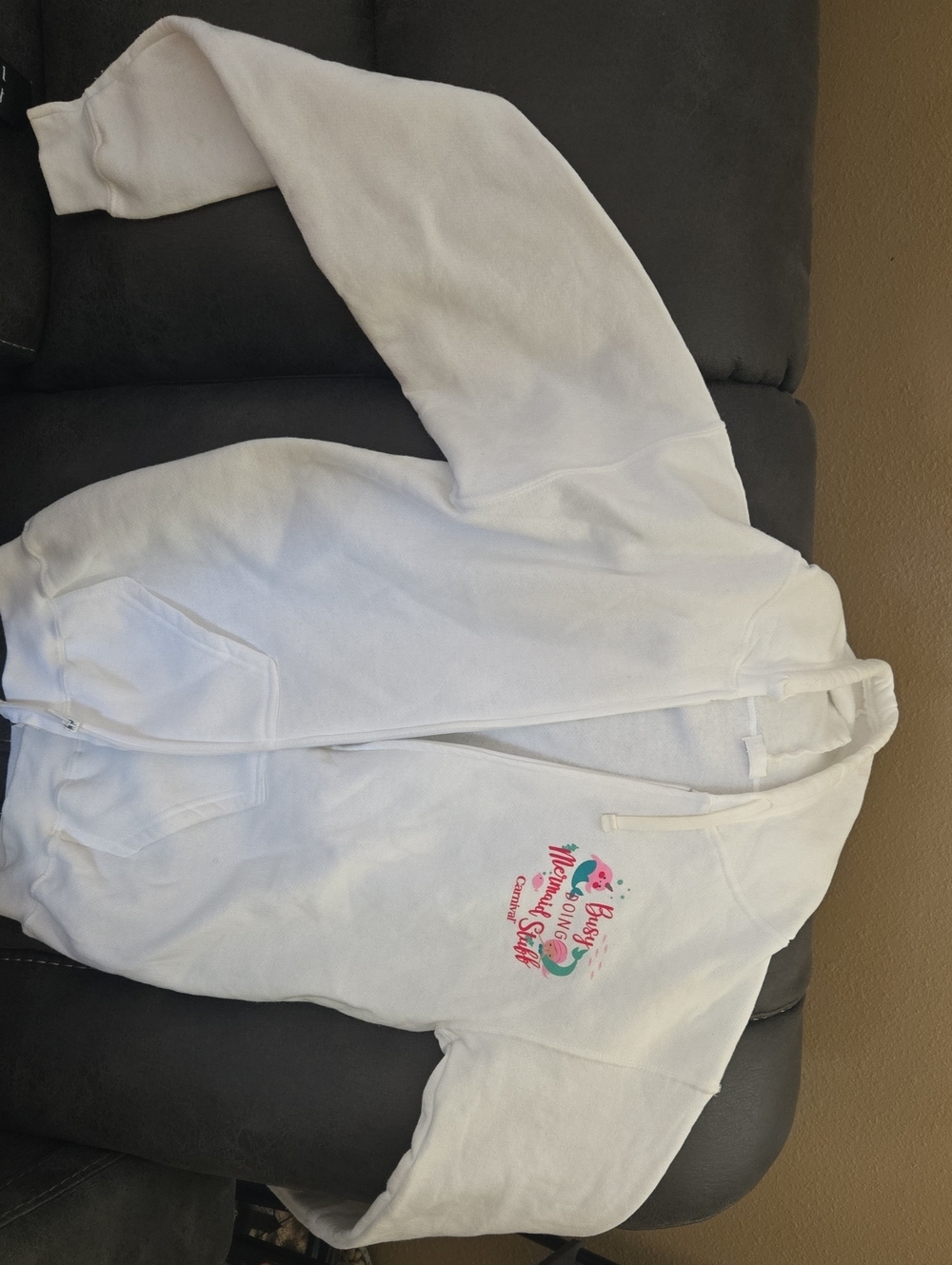 Kids White Zip Hoodie with Pink & Green Mermaid Graphic